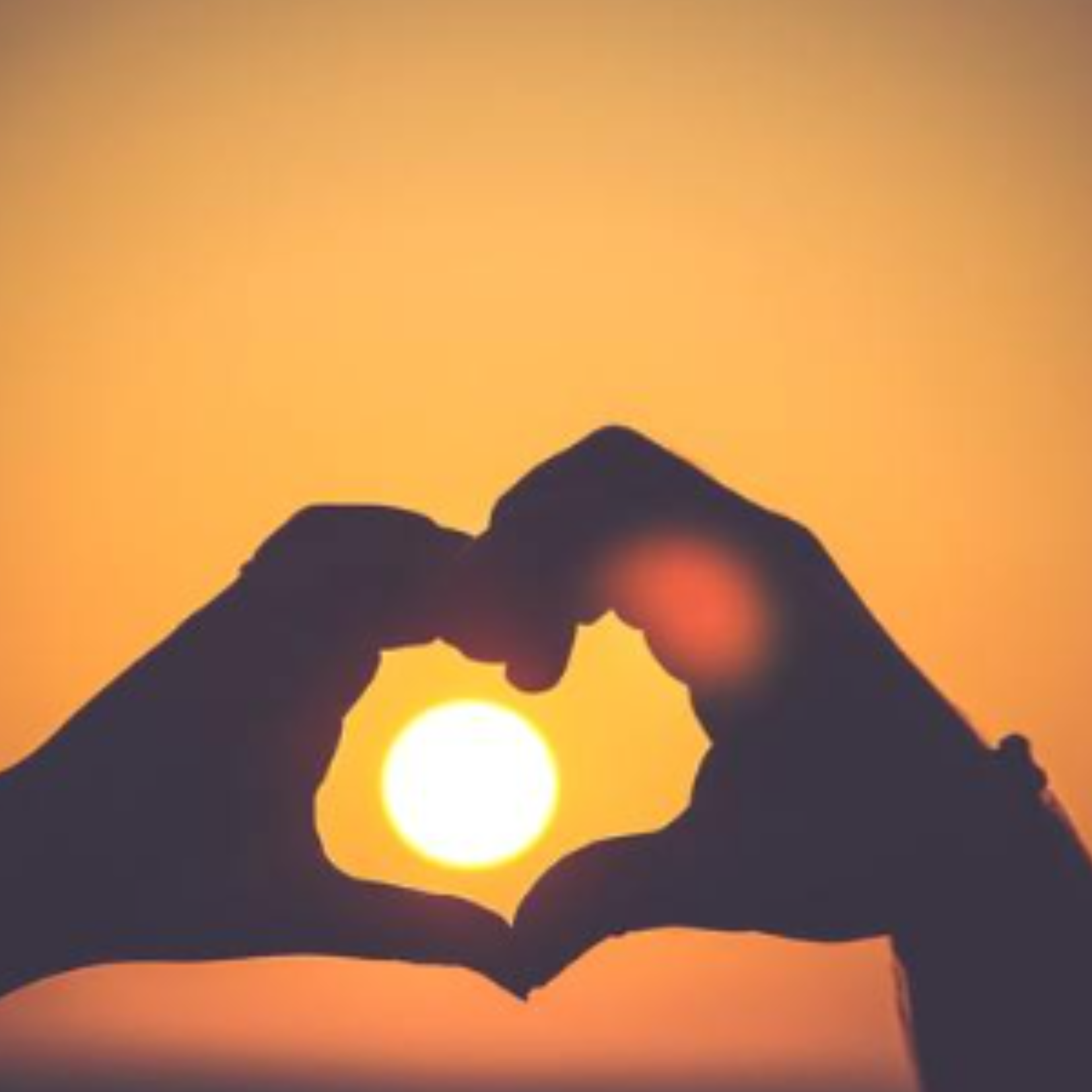 Hands forming a heart around the setting sun